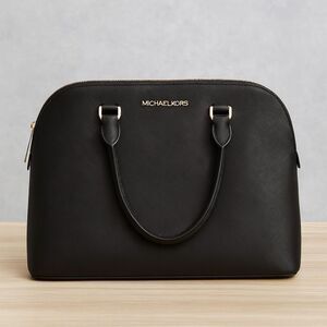 Michael KORS Black Cindy Large Leather Dome Satchel Purse Handbag, Preowned